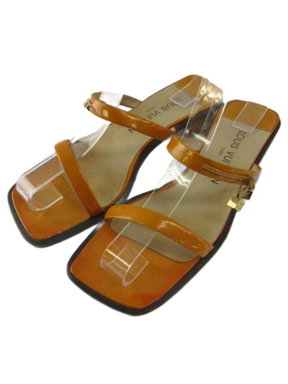 Louis Vuitton Sandals Enamel Square Toe Low Heels Cube Charm Orange